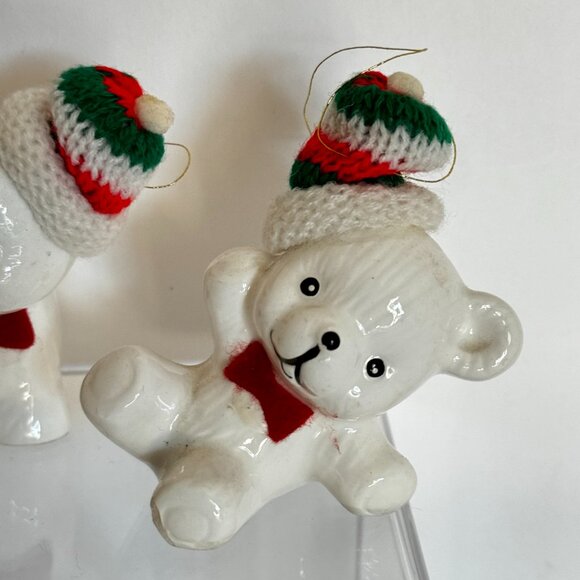 Vtg Snow Bear Ornaments 4 Porcelain Bears Knit Hats Bows Christmas Around the - Picture 8 of 16